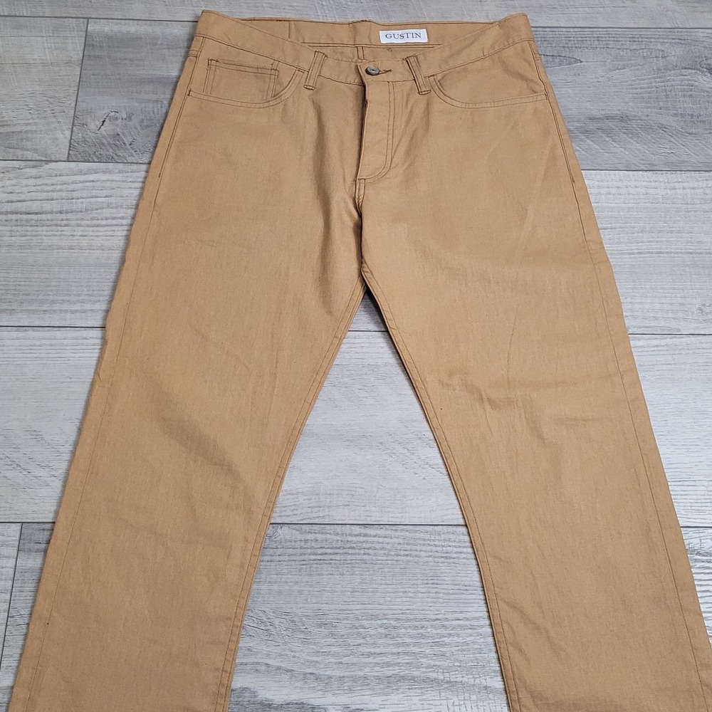 👖Gustin Pants Mens 36x29 Mustard Linen Chino Straight #21‎ Button Fly Made USA - Picture 3 of 15